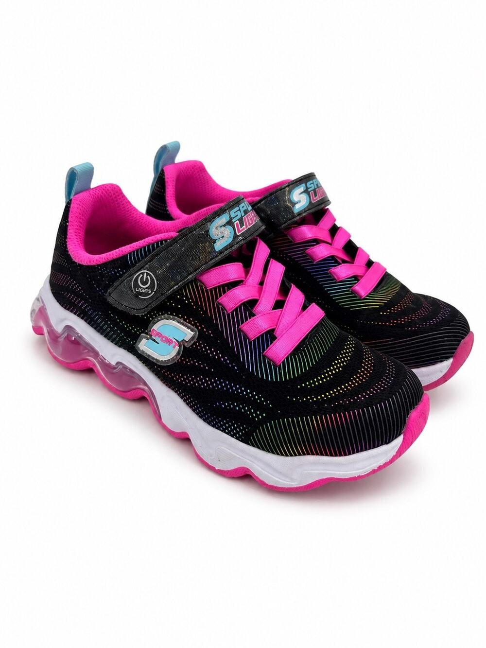 Skechers Girls S Lights Shoes Size 13 Black Pink Rainbow Light Up Sneakers